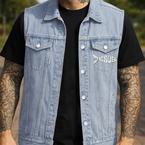 Alternative view of Even Jesus Has A Fishing Story Sleeveless Denim Jacket