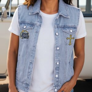 Alternative view of Jesus Christ Is The Same Yesterday Today And Forever Sleeveless Denim Jacket