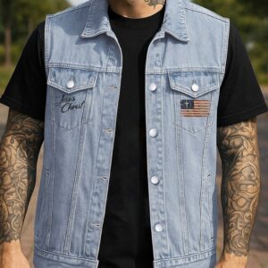 Alternative view of Normal Isn't Coming Back Jesus is Sleeveless Denim Jacket