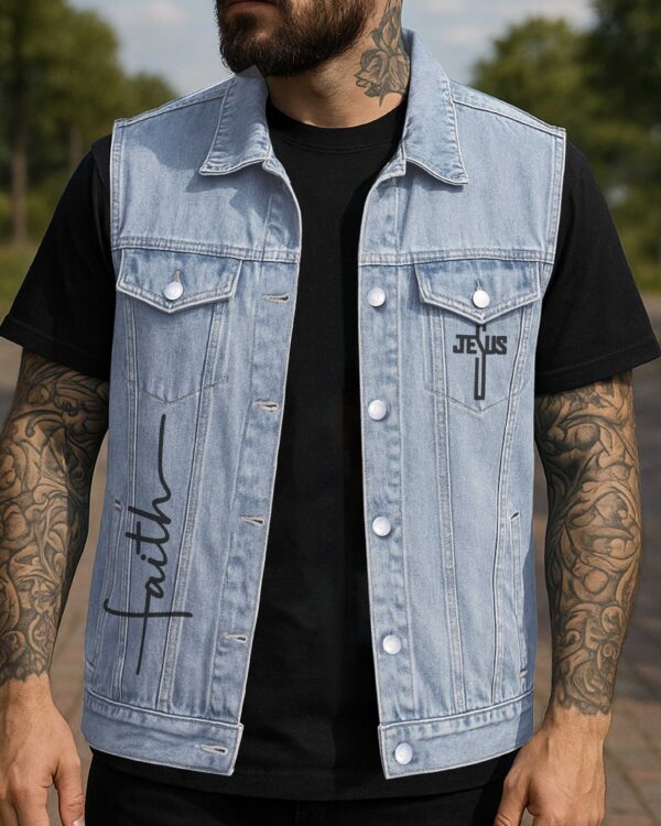 As Long As I Have Breath, I Will Pray Sleeveless Denim Jacket - Image 2