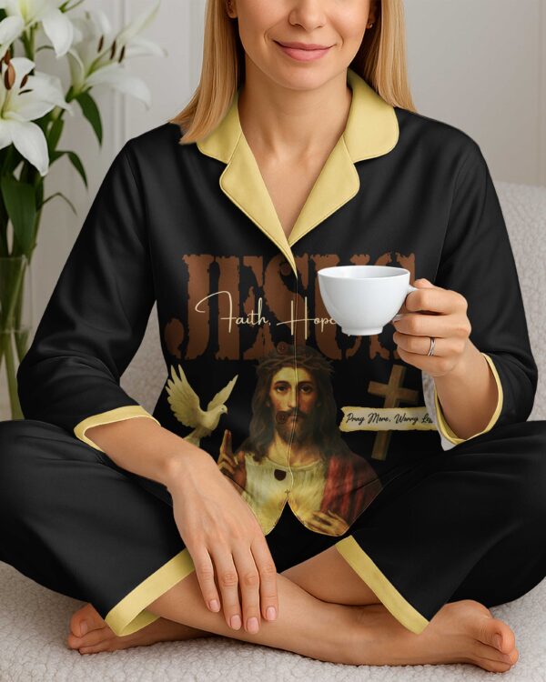 Jesus Faith Hope Pray More Worry Less Lightweight Button Pajamas - Image 11