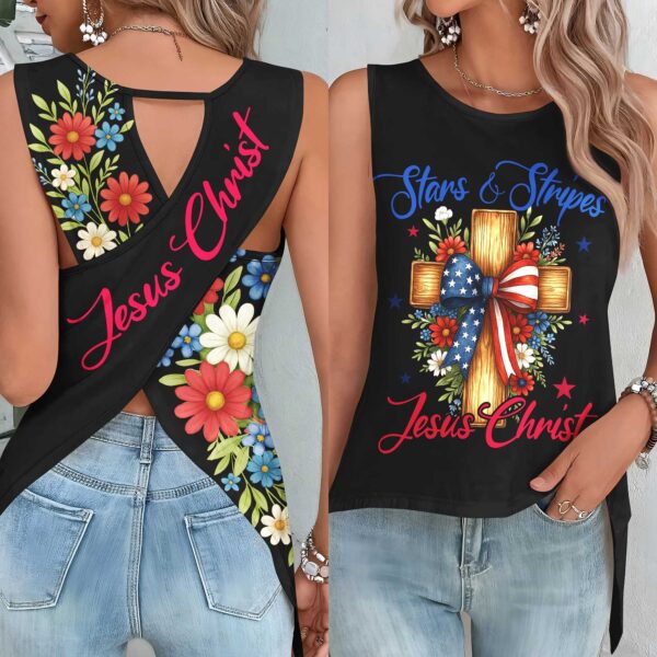 Stars And Stripes Jesus Christ Crop Out Wrap Back Tank Top - Image 13