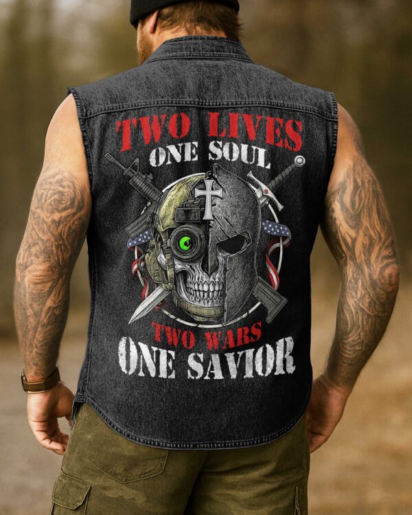 Two Lives One Soul Sleevesless Denim Shirt - Image 3