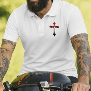 Alternative view of Never Underestimate A Man Who Prays And Rides All Over Print Polo