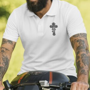 Alternative view of I Am A Simple Man I Like Motorcycles And Believe In Jesus Polo