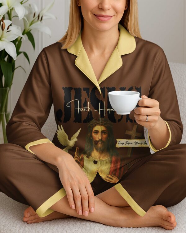 Jesus Faith Hope Pray More Worry Less Lightweight Button Pajamas - Image 7