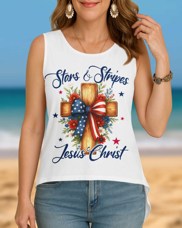 Stars And Stripes Jesus Christ Crop Out Wrap Back Tank Top - Image 3