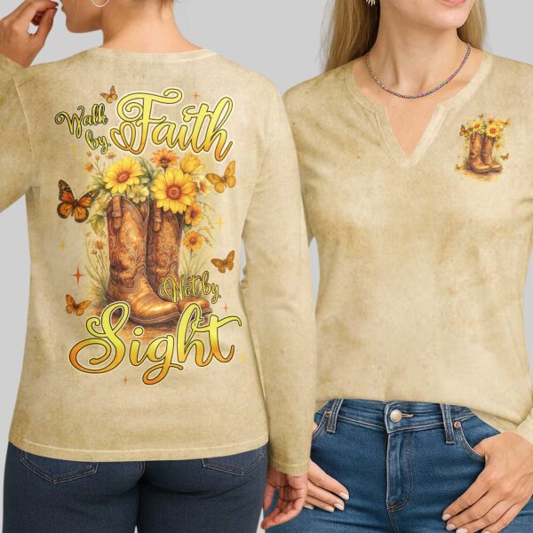 Walk By Faith Not By Sight All Over Print V-neck Long Sleeves Shirt - Image 5