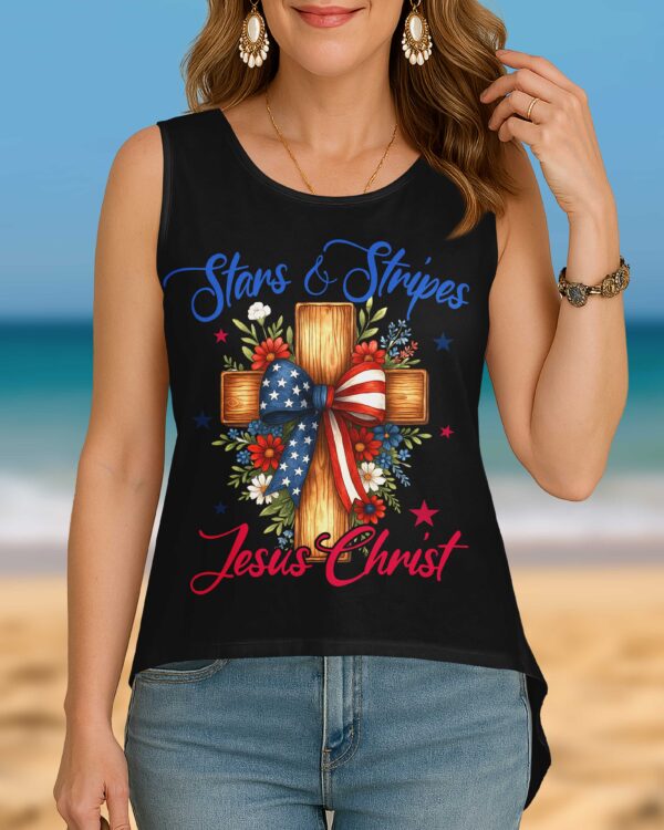 Stars And Stripes Jesus Christ Crop Out Wrap Back Tank Top - Image 5