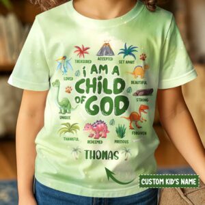 Alternative view of I Am A Child Of God Dinosaur All Over Print T-Shirt Kid