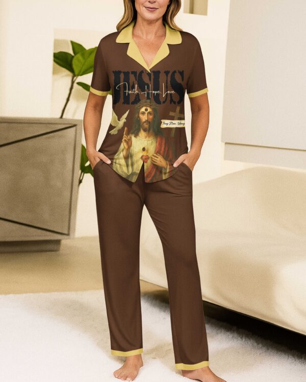 Jesus Faith Hope Pray More Worry Less Lightweight Button Pajamas - Image 6