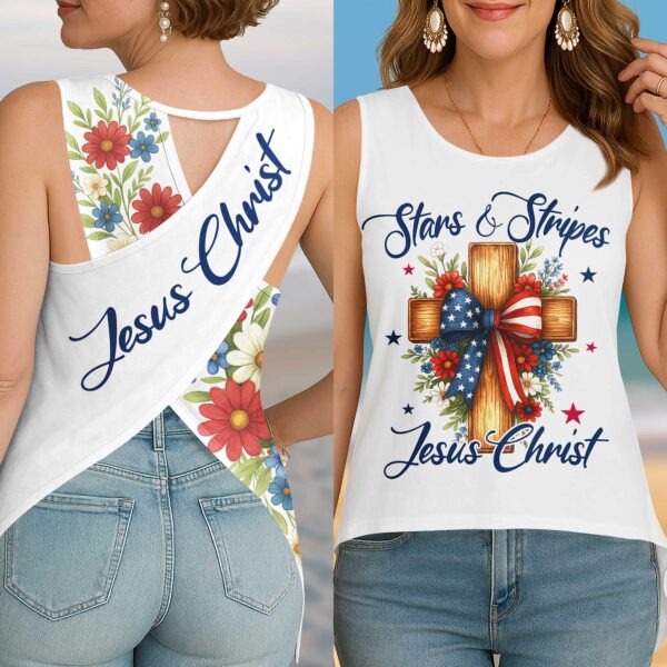 Stars And Stripes Jesus Christ Crop Out Wrap Back Tank Top - Image 15