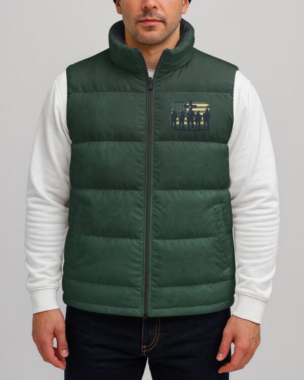Behind Every Strong Veteran There Is An Even Stronger Family Who Stands By Them Supports And Prays For Them And God Who Strengthens Them All Over Print Sleeveless Puffer Jacket - Image 3