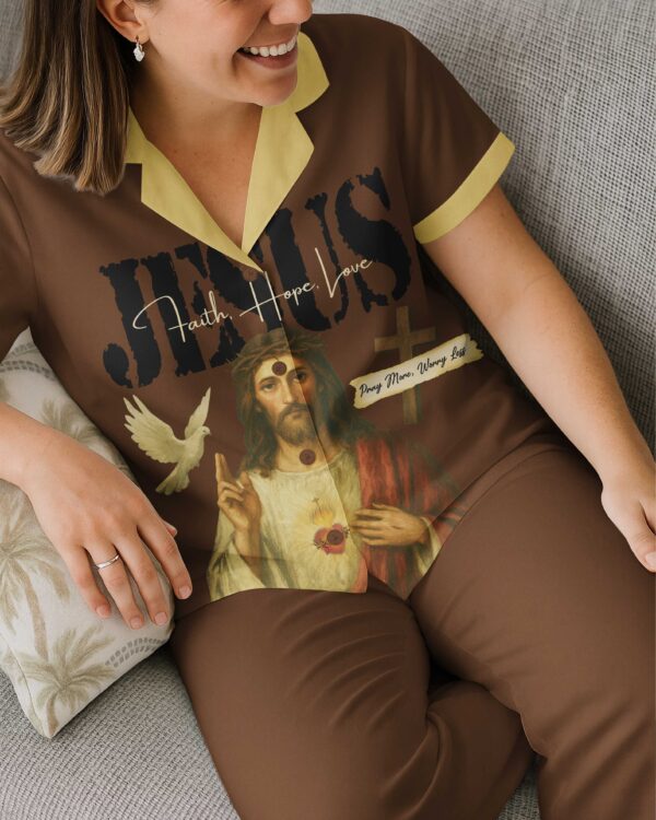 Jesus Faith Hope Pray More Worry Less Lightweight Button Pajamas - Image 5