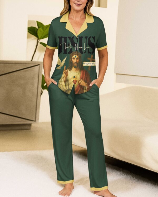 Jesus Faith Hope Pray More Worry Less Lightweight Button Pajamas - Image 2