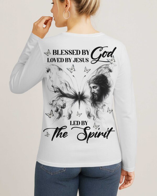 Blessed By God Loved By Jesus Led By The Spirit V-neck Long Sleeves Shirt - Image 3