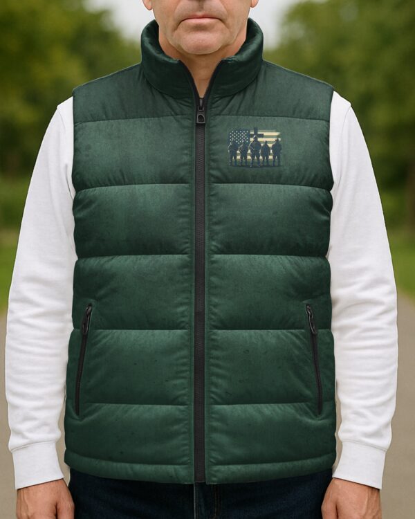 Behind Every Strong Veteran There Is An Even Stronger Family Who Stands By Them Supports And Prays For Them And God Who Strengthens Them All Over Print Sleeveless Puffer Jacket - Image 6