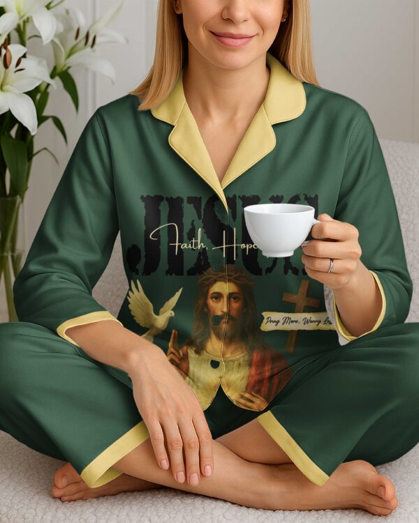 Jesus Faith Hope Pray More Worry Less Lightweight Button Pajamas - Image 3