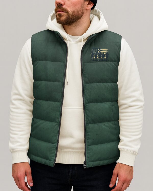 Behind Every Strong Veteran There Is An Even Stronger Family Who Stands By Them Supports And Prays For Them And God Who Strengthens Them All Over Print Sleeveless Puffer Jacket - Image 2