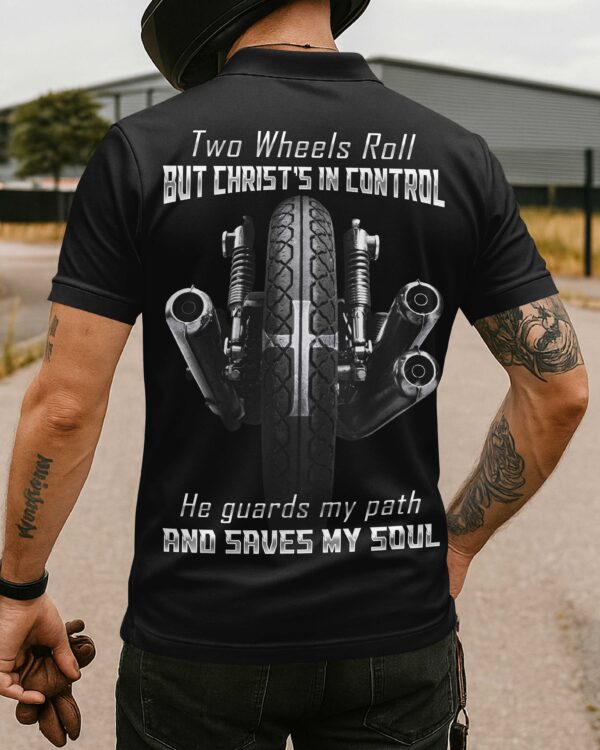 Two Wheels Roll But Christ's In Control All Over Print Polo - Image 3