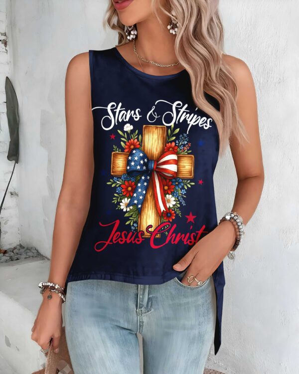 Stars And Stripes Jesus Christ Crop Out Wrap Back Tank Top - Image 11