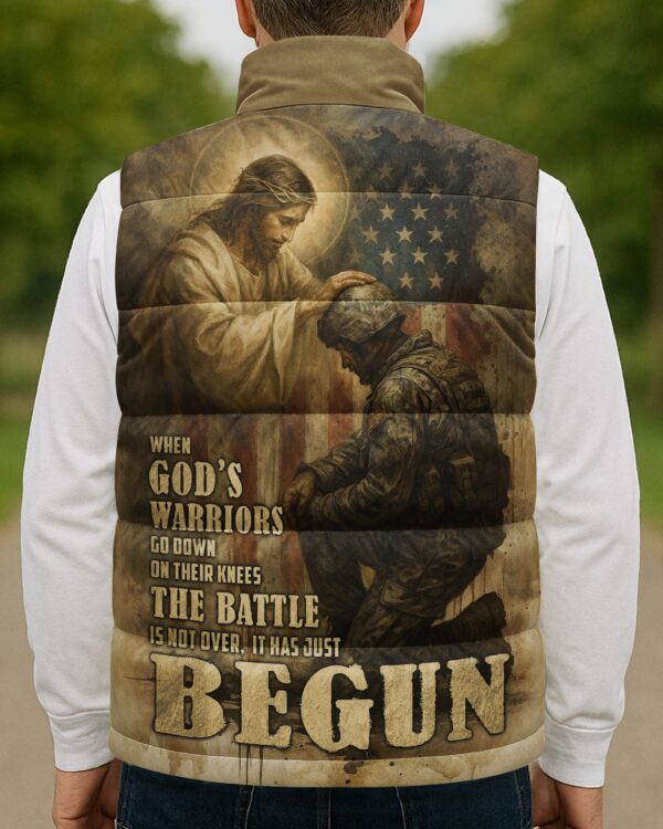 When God's Warriors Go Down On Their Knees The Battle Is Not Over It Has Just Begun All Over Print Sleeveless Puffer Jacket - Image 3