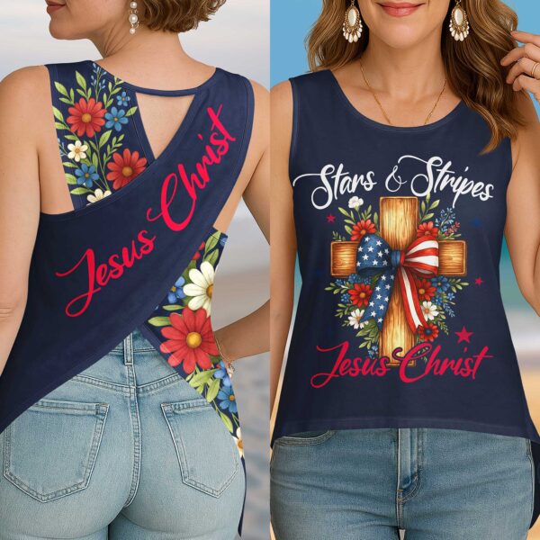 Stars And Stripes Jesus Christ Crop Out Wrap Back Tank Top - Image 14