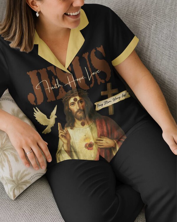 Jesus Faith Hope Pray More Worry Less Lightweight Button Pajamas - Image 9